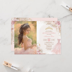 Pink Boho Floral Quinceañera 15th Birthday Photo Invitation