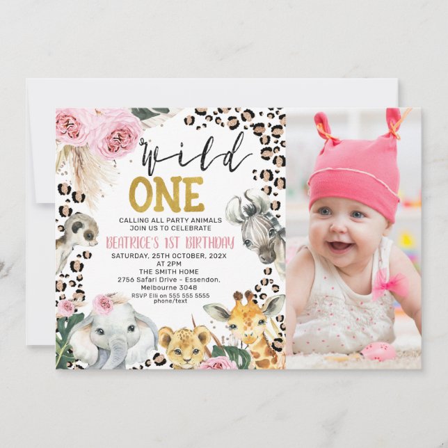 Pink Boho Floral Safari Wild One 1st Birthday Invitation (Front)