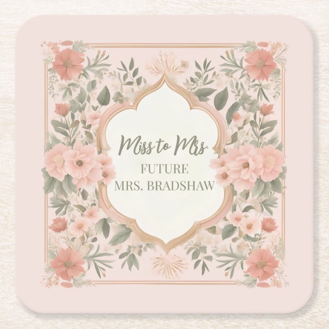 Pink Boho Floral Square Paper Coaster (Front)