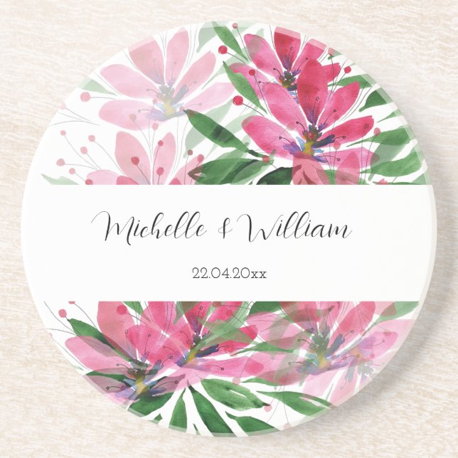 Pink Boho Floral Watercolor Monogrammed Coaster (Front)