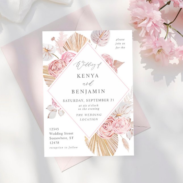 Pink Boho Floral Wedding Invitation (Creator Uploaded)