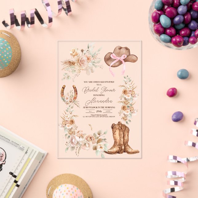 Pink Boho Floral Western Bridal Shower Acrylic Invitations (Insitu (Celebration))