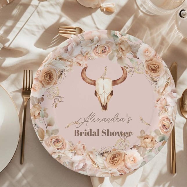 Pink Boho Floral Western Bridal Shower Paper Plate (Creator Uploaded)