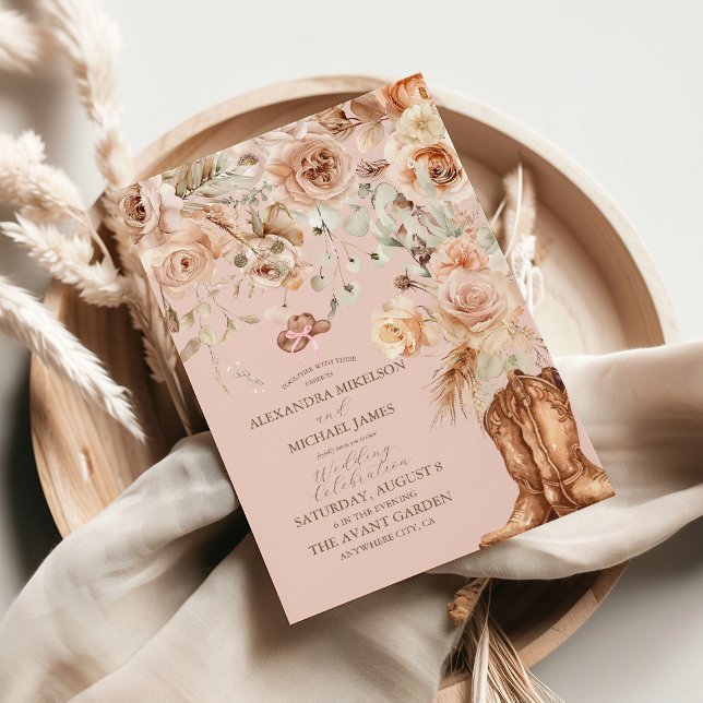 Pink Boho Floral Western Wedding Invitation (Creator Uploaded)