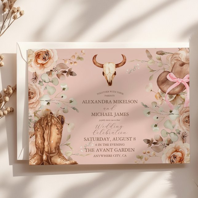 Pink Boho Floral Western Wedding Invitation (Creator Uploaded)