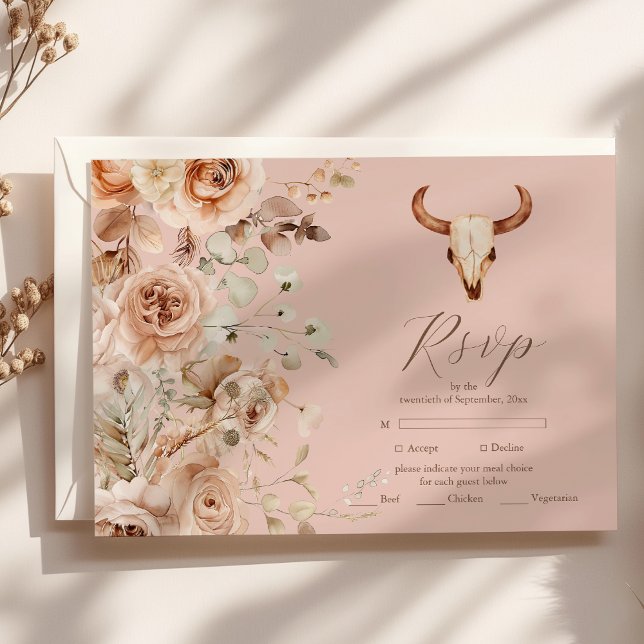 Pink Boho Floral Western Wedding RSVP Card (Creator Uploaded)