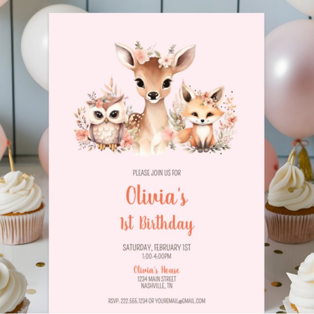 Pink Boho Floral Woodland Animal 1st Birthday Invitation (Boho Blush Pink Floral Woodland Animal 1st Birthday Invitation, Girl Birthday Party, Deer Owl Fox)