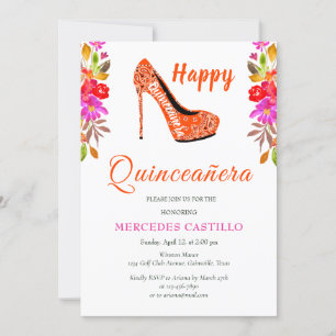 Pink Boho Floral Wreath Quinceañera Invitation