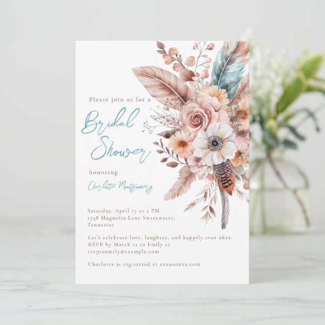 Pink Boho Flower & Feathers Elegant Bridal Shower Invitation (Standing Front)