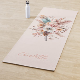 Pink Boho Flower & Feathers Elegant Bridal Shower Yoga Mat