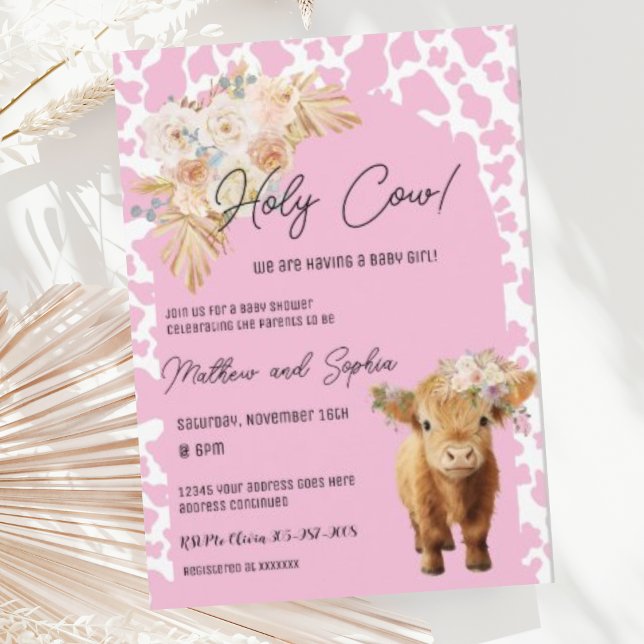 Pink Boho Holy Cow Girl Baby Shower Invitation (Creator Uploaded)