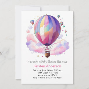 Pink Boho Hot Air Balloon Girl Baby Shower Invitation