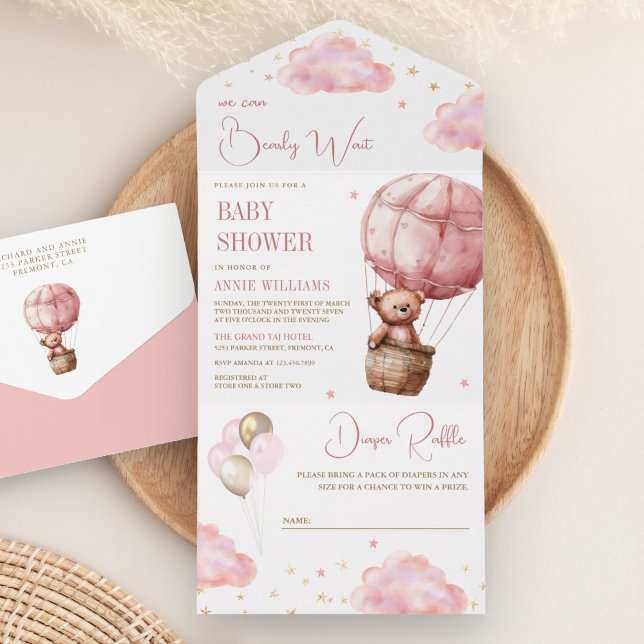 Pink Boho Hot Air Balloon Teddy Bear Baby Shower All In One Invitation (Creator Uploaded)