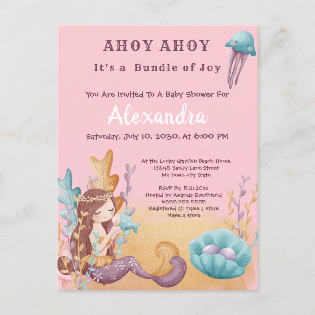 Pink Boho Mermaid, Under the Sea Girl Baby Shower Invitation Postcard (Front)
