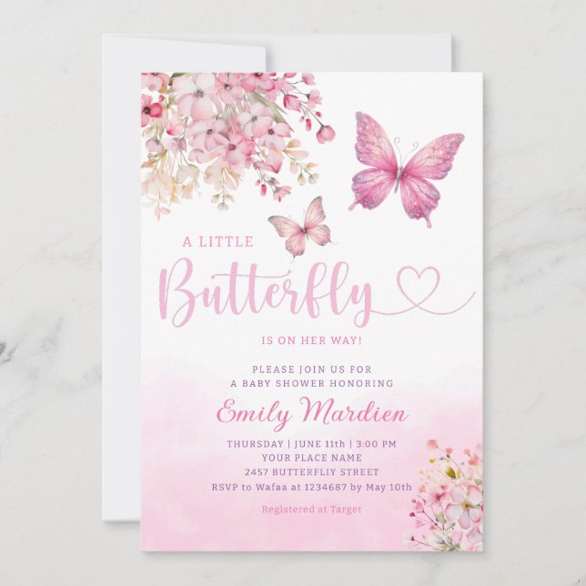 Pink Boho modern Floral Butterfly Girl Baby Shower Invitation (Front)