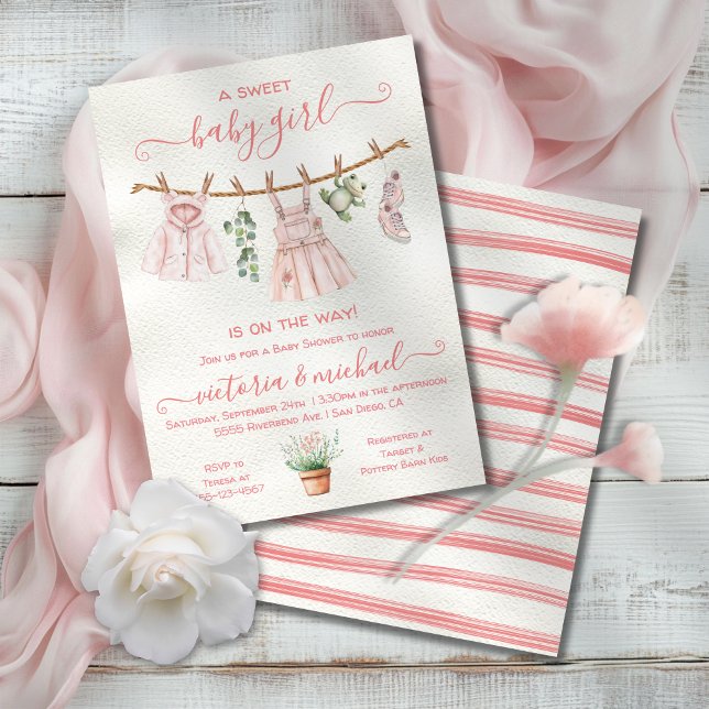 Pink Boho Nature Baby Shower Girl Clothesline Invitation (Creator Uploaded)