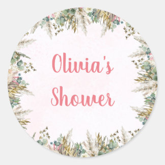 Pink Boho Pampas & Floral Baby Shower Favour Classic Round Sticker