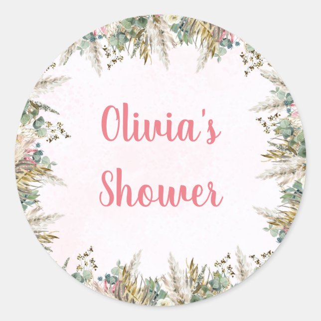 Pink Boho Pampas & Floral Baby Shower Favour Classic Round Sticker (Front)