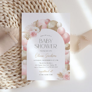 Pink Boho Pampas Grass Arch Girl Baby Shower Invitation