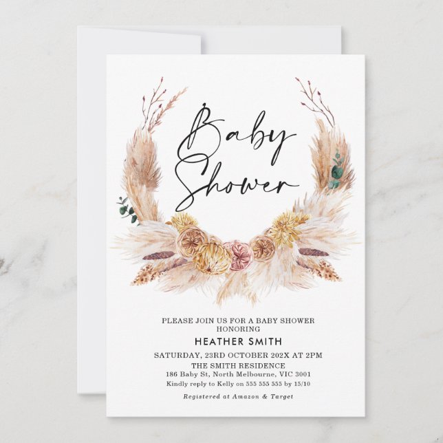 Pink Boho Pampas Grass Baby Shower Invitation (Front)