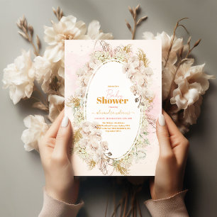 Pink Boho Pampas Grass Girl Baby Shower Invitation