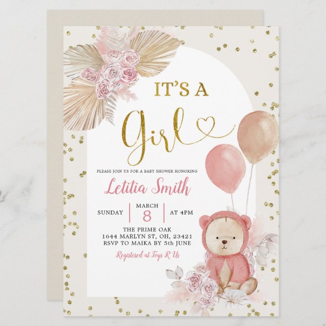 Pink Boho Pampas Grass Girl Baby Shower Invitation (Front/Back)