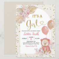 Pink Boho Pampas Grass Girl Baby Shower Invitation