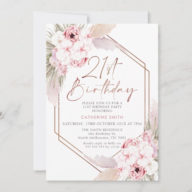 Pink Boho Pampas Grass Sweet 21st Birthday Invitation (Front)