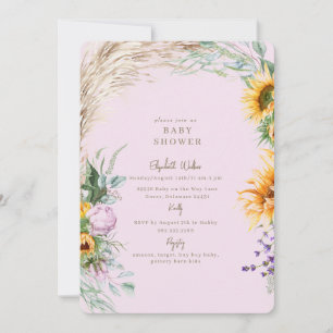 Pink Boho Pampas Sunflower Peony Baby Shower Invitation