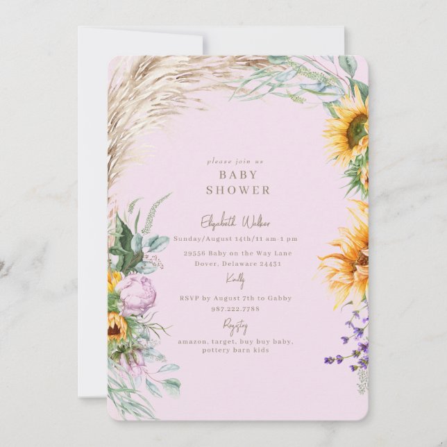 Pink Boho Pampas Sunflower Peony Baby Shower Invitation (Front)