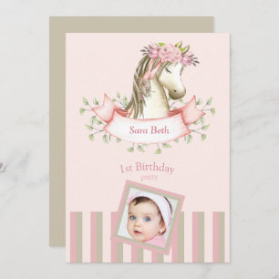 Pink Boho Pony Photo Baby Girl 1st Birthday Invitation