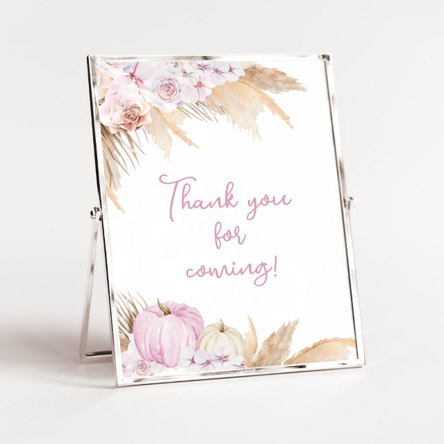 Pink Boho Pumpkin Baby Shower Thank You for Coming Poster (Boho Pampas Grass Baby Shower Thank You for Coming Sign)