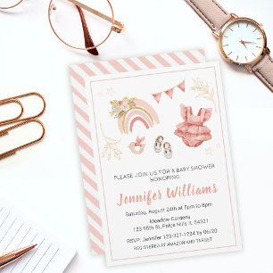 Pink boho rainbow baby girl shower invitation