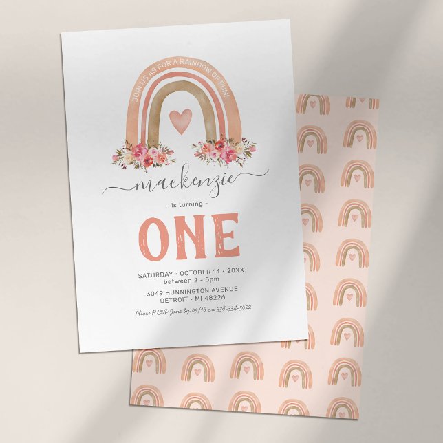 Pink Boho Rainbow Girl First Birthday Invitation (Creator Uploaded)
