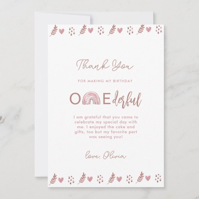 Pink Boho Rainbow Isn't She Onederful  Thank You Card (Front)