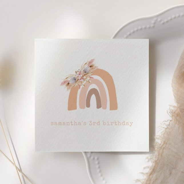 Pink Boho Rainbow Pampas Grass Birthday Party Napkin (Creator Uploaded)