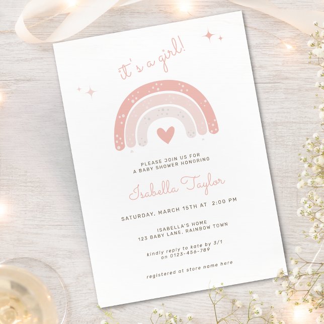Pink Boho Rainbow Watercolor Star Girl Baby Shower Invitation (Creator Uploaded)