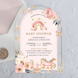 Pink Boho Rainbow Winter Arch Baby Shower Acrylic Invitations