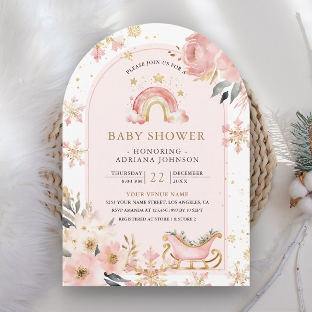 Pink Boho Rainbow Winter Arch Baby Shower Invitation (Creator Uploaded)