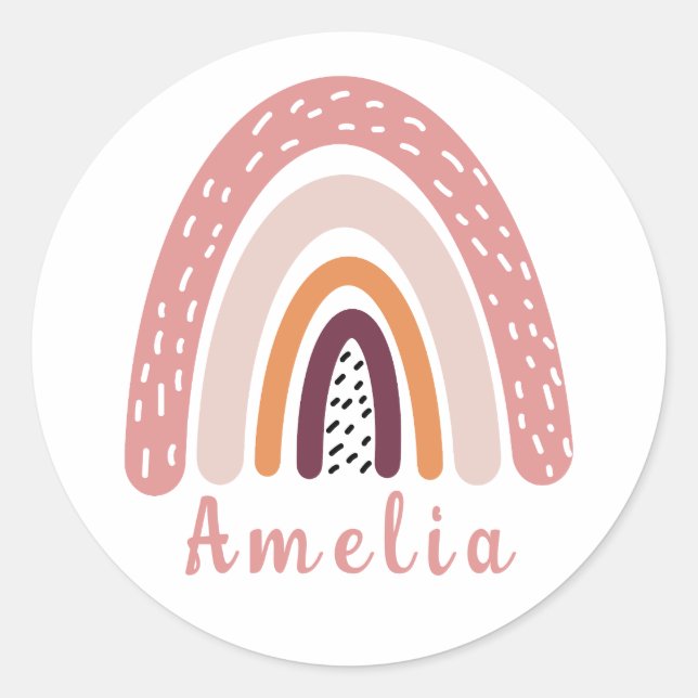 Pink Boho Rainbow with Personalised Name  Classic Round Sticker (Front)