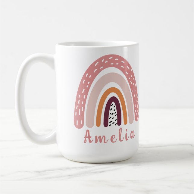 Pink Boho Rainbow with Personalised Name  Coffee Mug (Left)