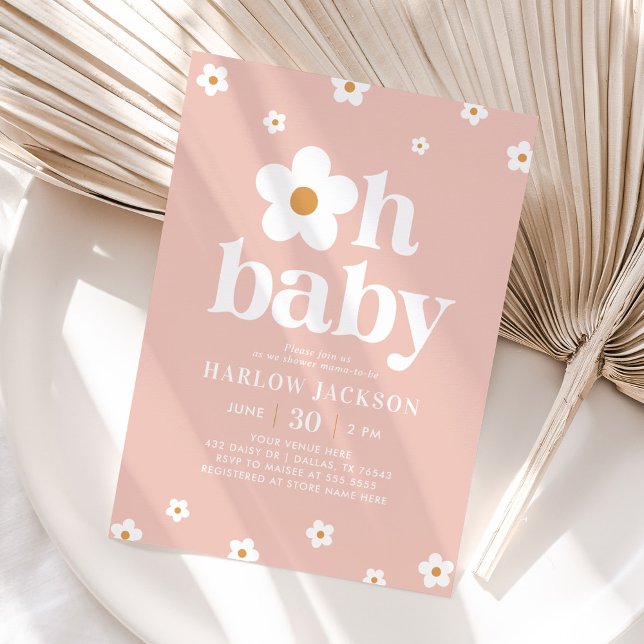 Pink Boho Retro Daisy Baby Shower Invitation (Creator Uploaded)