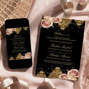 Pink Boho Rose Islamic Motif Black Muslim Wedding Invitation