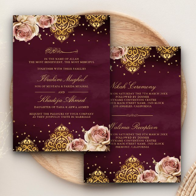 Pink Boho Rose Islamic Motif Plum Muslim Wedding Invitation (Creator Uploaded)