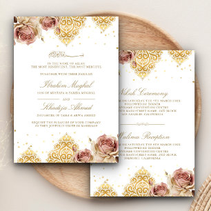 Pink Boho Rose Islamic Motif White Muslim Wedding Invitation