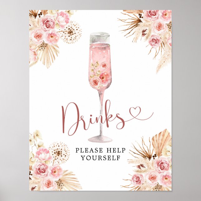 Pink Boho Rose Soiree Bridal Shower Drinks Sign (Front)