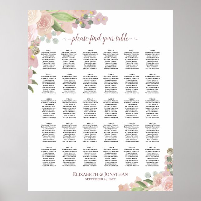 Pink Boho Roses 30 Table Wedding Seating Chart (Front)