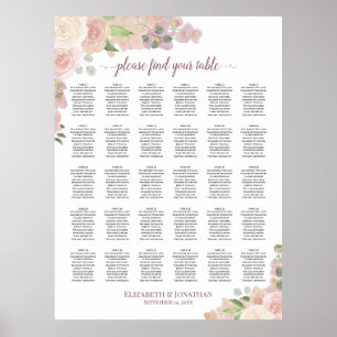 Pink Boho Roses 30 Table Wedding Seating Chart