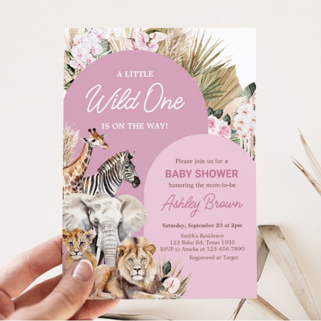 Pink Boho Safari Baby Shower  Invitation (Girl Safari Animals Baby Shower Invitation)