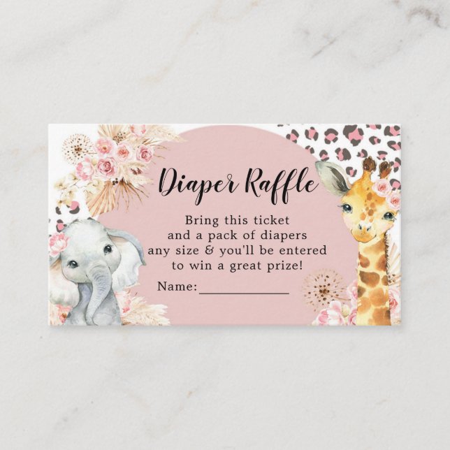 Pink Boho Safari Party Animals Girl Diaper Raffle Enclosure Card (Front)
